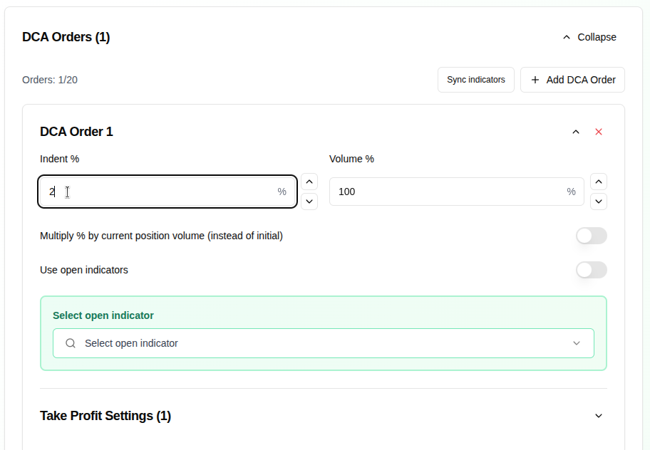 DCA indent and volume settings
